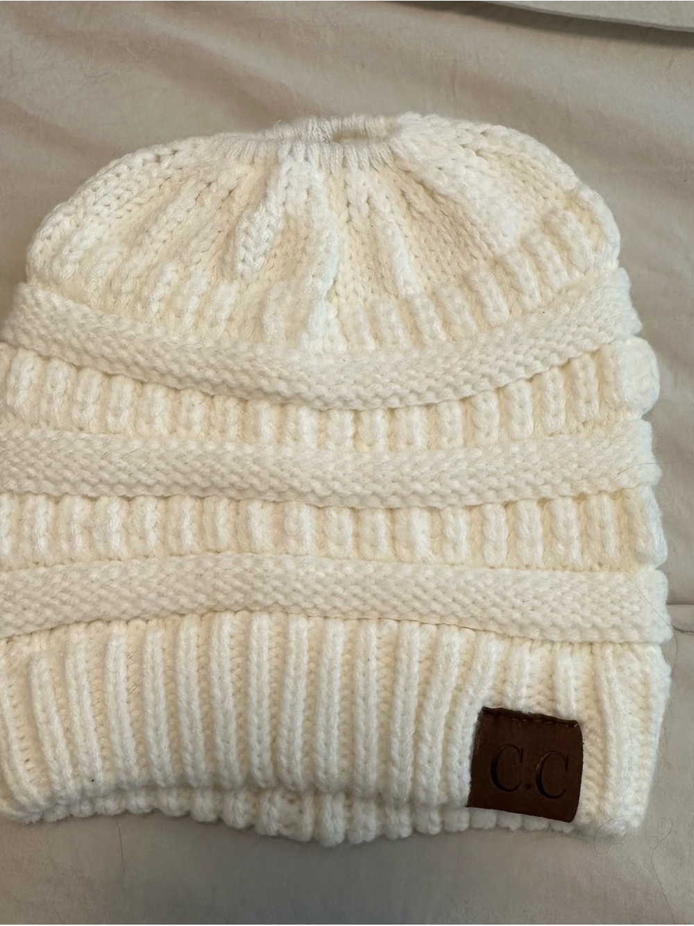 C.C Kids Cream Knit Cable Beanie with Leather Logo